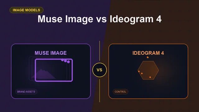 Split editorial cover titled "Muse Image vs Ideogram 4", comparing MUSE IMAGE and IDEOGRAM 4 across reference editing, typography, brand assets, control