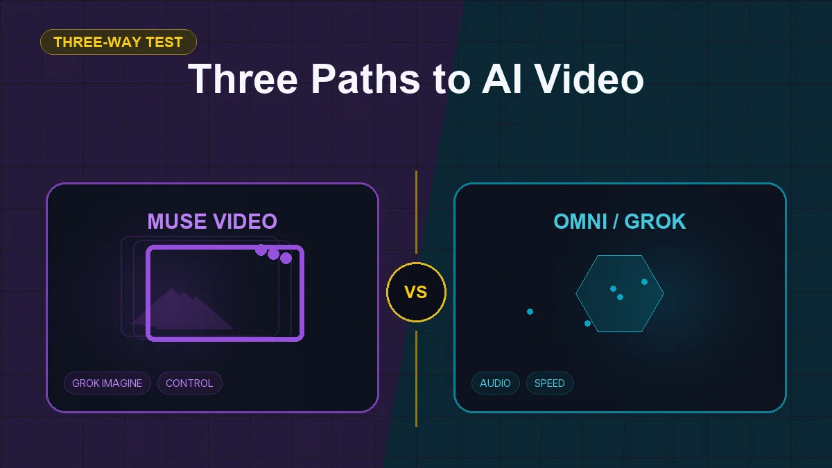 Split editorial cover titled "Three Paths to AI Video", comparing MUSE VIDEO and OMNI / GROK across Muse Video, Gemini Omni, Grok Imagine, audio