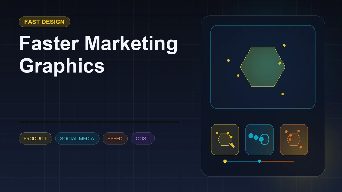 Dark editorial information card titled "Faster Marketing Graphics" with a structured workflow diagram and icons for product, social media, speed, cost