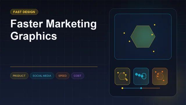 Dark editorial information card titled "Faster Marketing Graphics" with a structured workflow diagram and icons for product, social media, speed, cost
