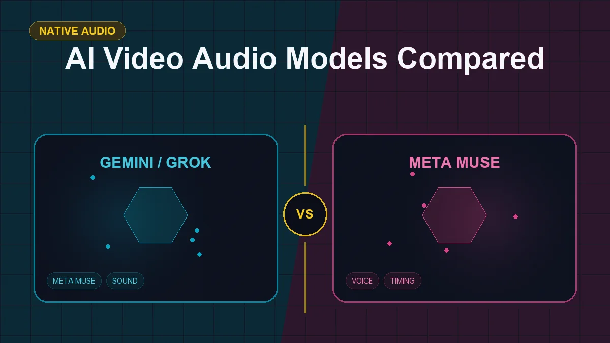 Split editorial cover titled "AI Video Audio Models Compared", comparing GEMINI / GROK and META MUSE across Gemini Omni, Grok Imagine, Meta Muse, voice
