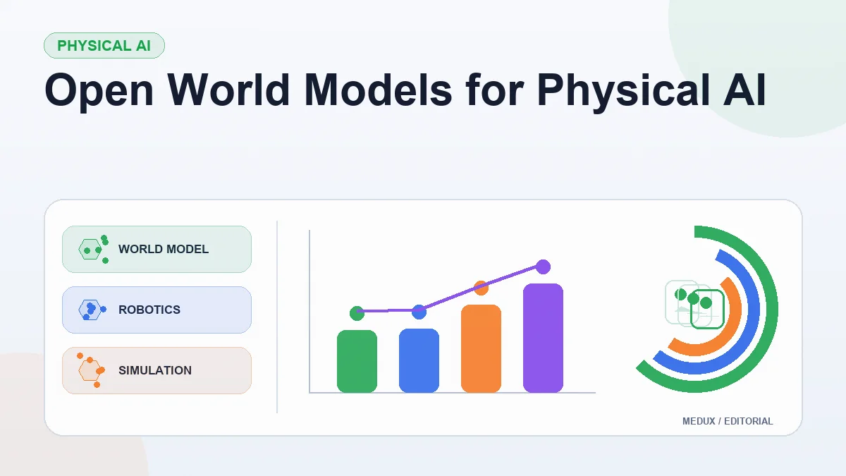 Light editorial report cover titled "Open World Models for Physical AI" with summary cards, a bar chart, and visual indicators for world model, robotics, simulation, video