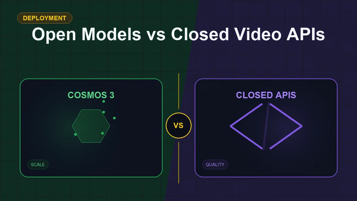 Split editorial cover titled "Open Models vs Closed Video APIs", comparing COSMOS 3 and CLOSED APIS across privacy, control, scale, quality