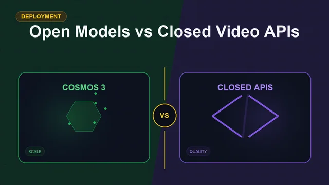 Split editorial cover titled "Open Models vs Closed Video APIs", comparing COSMOS 3 and CLOSED APIS across privacy, control, scale, quality
