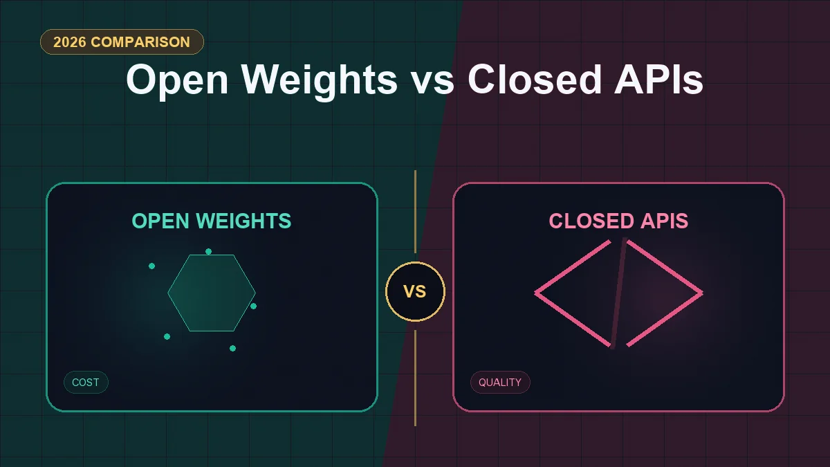 Split editorial cover titled "Open Weights vs Closed APIs", comparing OPEN WEIGHTS and CLOSED APIS across privacy, scale, cost, quality