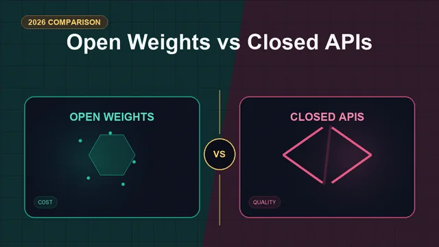 Split editorial cover titled "Open Weights vs Closed APIs", comparing OPEN WEIGHTS and CLOSED APIS across privacy, scale, cost, quality