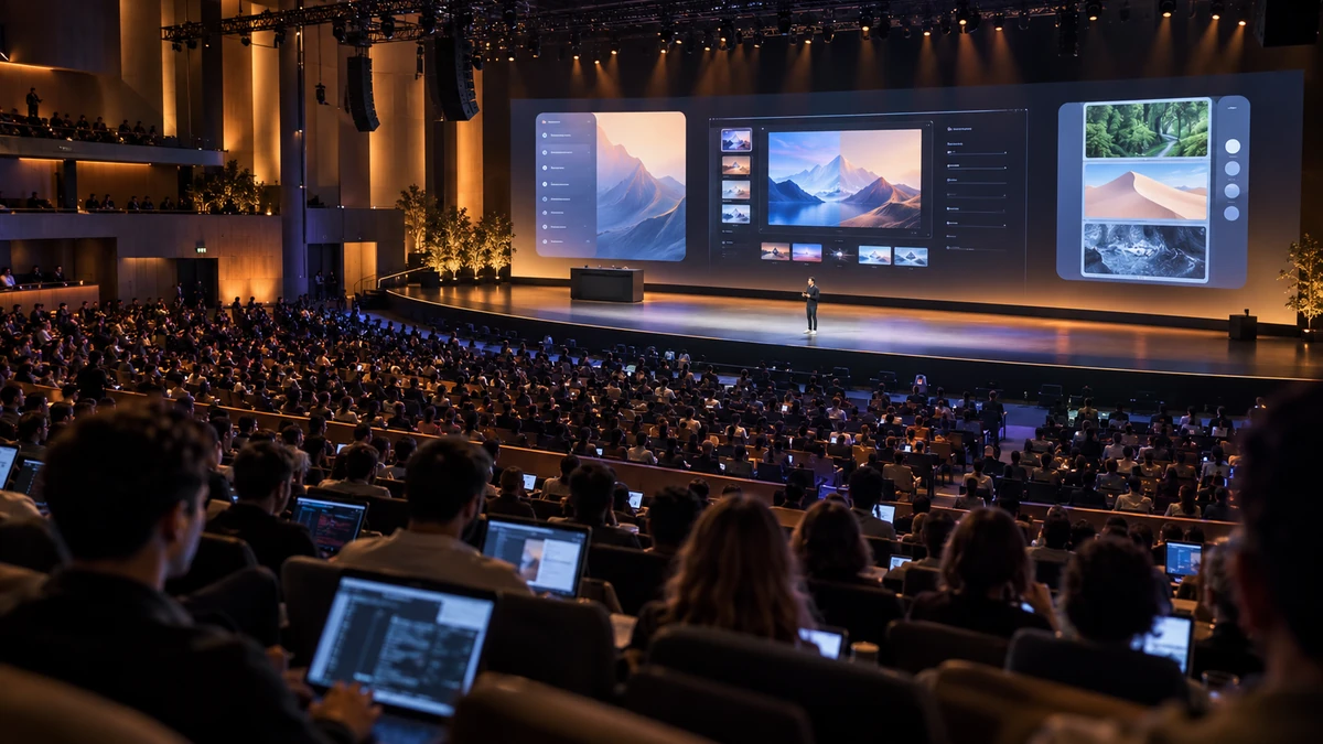 An illustrative developer conference with an audience and product demonstrations.