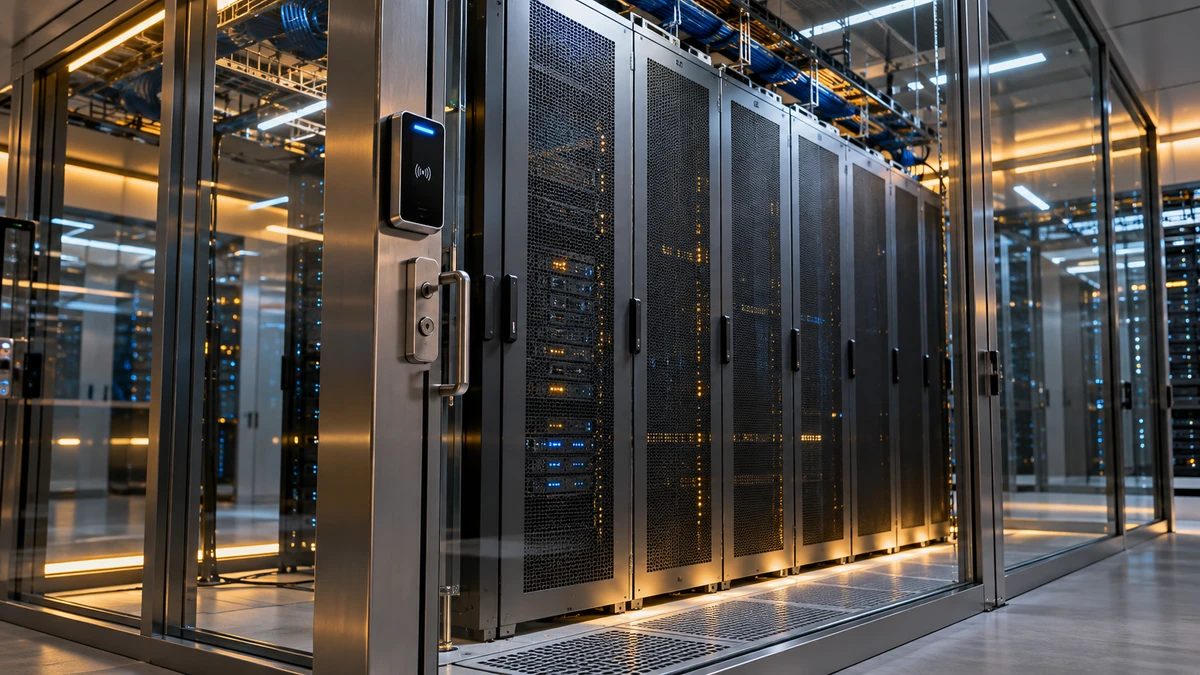 A secured computing rack inside a controlled-access server chamber.