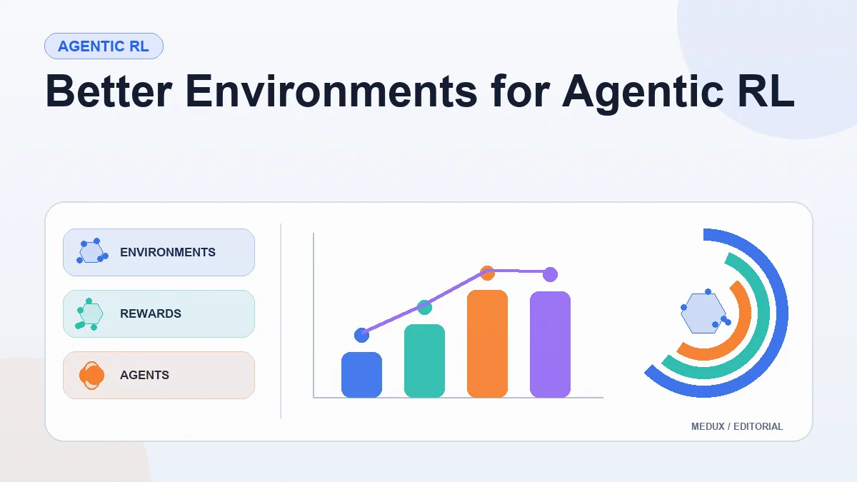 Light editorial report cover titled "Better Environments for Agentic RL" with summary cards, a bar chart, and visual indicators for environments, rewards, agents, evaluation