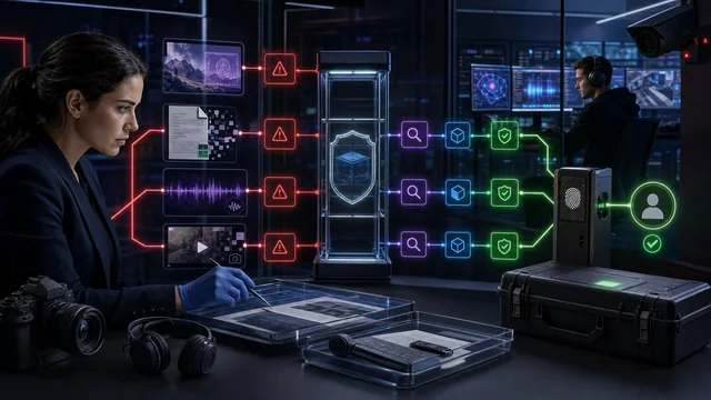 Multimodal AI agent inspecting a colorful image, PDF, subtitle track, QR code, and metadata while hidden hostile instructions are isolated behind security gates