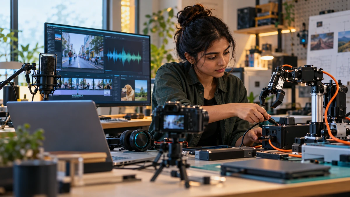 A researcher working with camera, microphone and video inputs at an electronics bench.