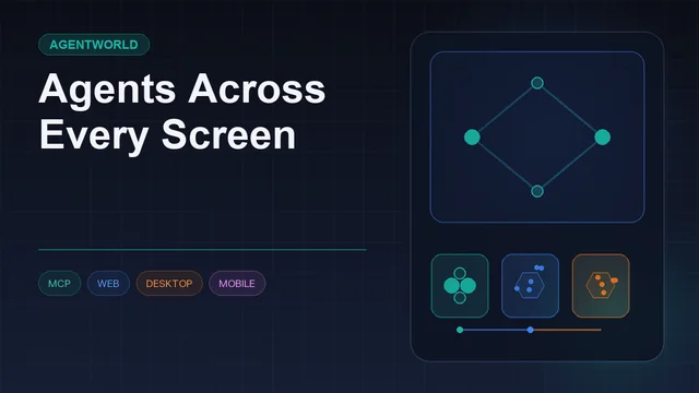 Dark editorial information card titled "Agents Across Every Screen" with a structured workflow diagram and icons for MCP, web, desktop, mobile
