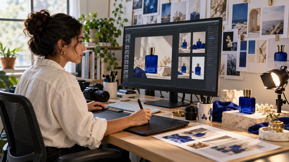 A designer comparing product images and edits in a creative studio.