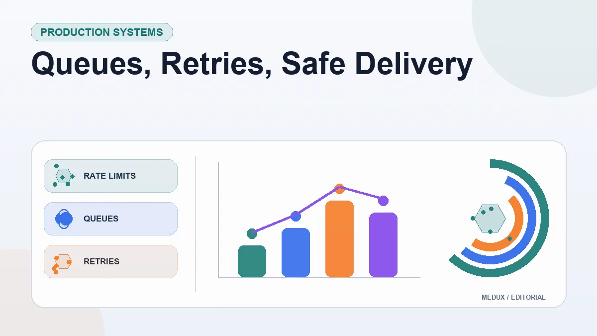Light editorial report cover titled "Queues, Retries, Safe Delivery" with summary cards, a bar chart, and visual indicators for rate limits, queues, retries, delivery