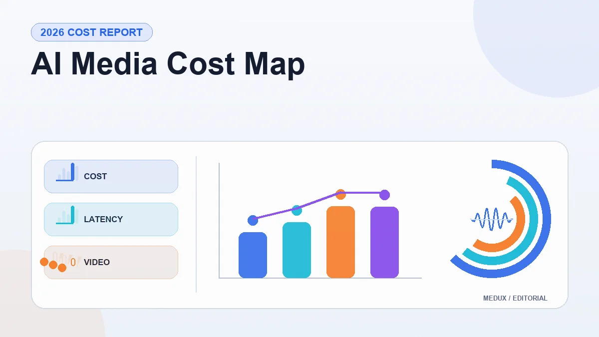 Light editorial report cover titled "AI Media Cost Map" with summary cards, a bar chart, and visual indicators for cost, latency, video, voice