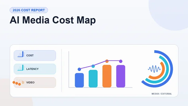 Light editorial report cover titled "AI Media Cost Map" with summary cards, a bar chart, and visual indicators for cost, latency, video, voice