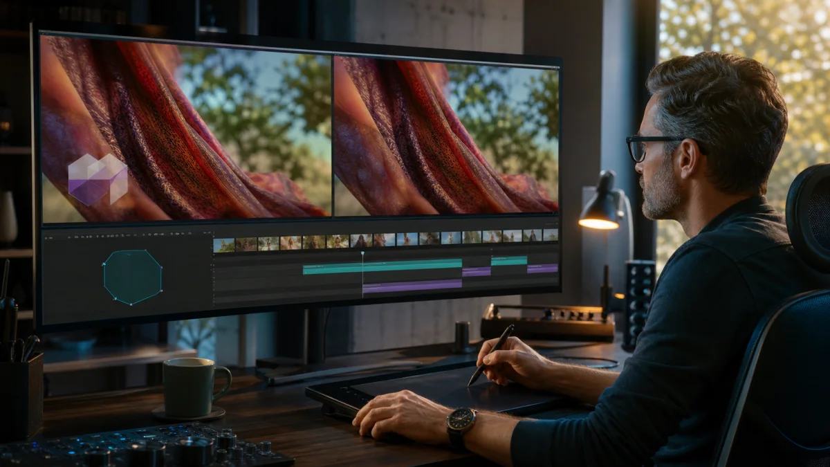 Video editor comparing a logo-covered fabric shot with a clean reconstructed result