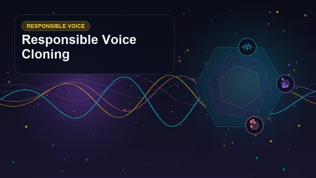 Abstract technology cover titled "Responsible Voice Cloning" with layered waveforms, geometric signals, and symbols for voice, consent, disclosure, audit