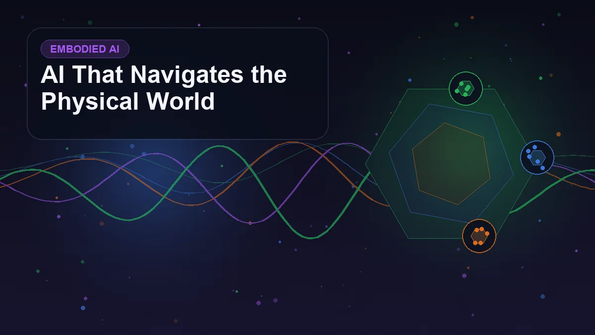 Abstract technology cover titled "AI That Navigates the Physical World" with layered waveforms, geometric signals, and symbols for robot, navigation, vision, safety