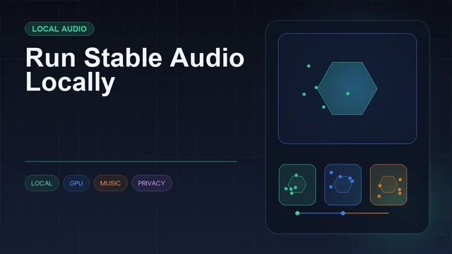 Dark editorial information card titled "Run Stable Audio Locally" with a structured workflow diagram and icons for local, GPU, music, privacy