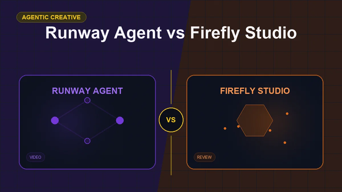 Split editorial cover titled "Runway Agent vs Firefly Studio", comparing RUNWAY AGENT and FIREFLY STUDIO across campaigns, brand safety, video, review