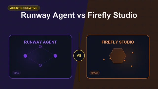 Split editorial cover titled "Runway Agent vs Firefly Studio", comparing RUNWAY AGENT and FIREFLY STUDIO across campaigns, brand safety, video, review