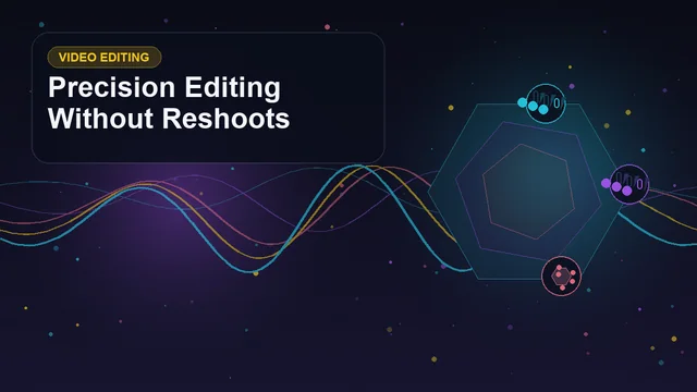 Abstract technology cover titled "Precision Editing Without Reshoots" with layered waveforms, geometric signals, and symbols for video, frames, edit, camera