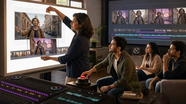 Editor approving a redesigned frame before Aleph 2.0 carries the visual change across a multi-shot video timeline