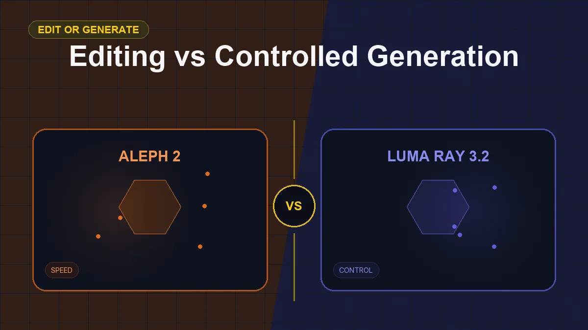 Split editorial cover titled "Editing vs Controlled Generation", comparing ALEPH 2 and LUMA RAY 3.2 across video edit, keyframes, speed, control