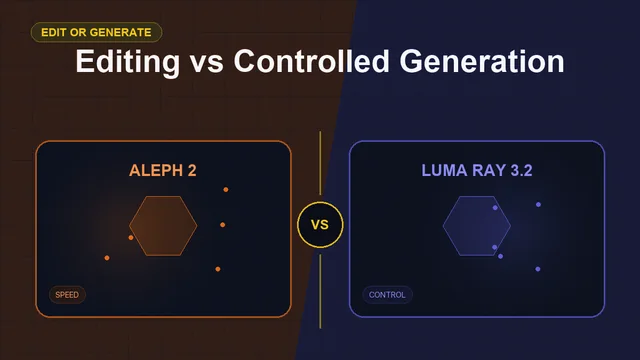 Split editorial cover titled "Editing vs Controlled Generation", comparing ALEPH 2 and LUMA RAY 3.2 across video edit, keyframes, speed, control