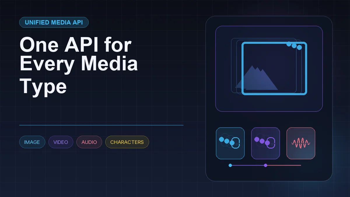 Dark editorial information card titled "One API for Every Media Type" with a structured workflow diagram and icons for image, video, audio, characters