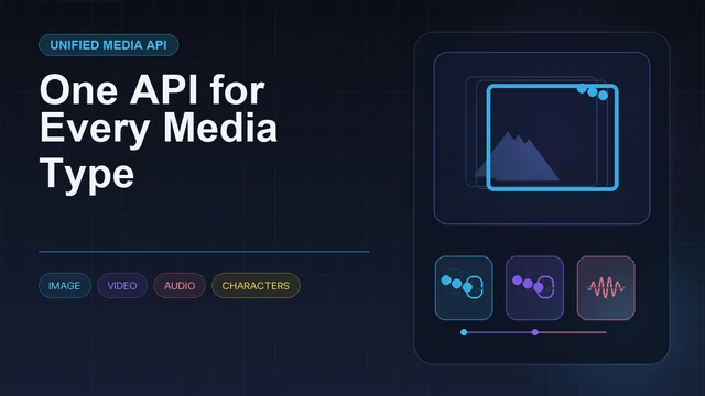 Dark editorial information card titled "One API for Every Media Type" with a structured workflow diagram and icons for image, video, audio, characters