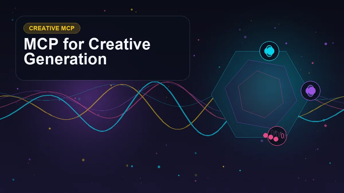 Abstract technology cover titled "MCP for Creative Generation" with layered waveforms, geometric signals, and symbols for MCP, tools, video, approval