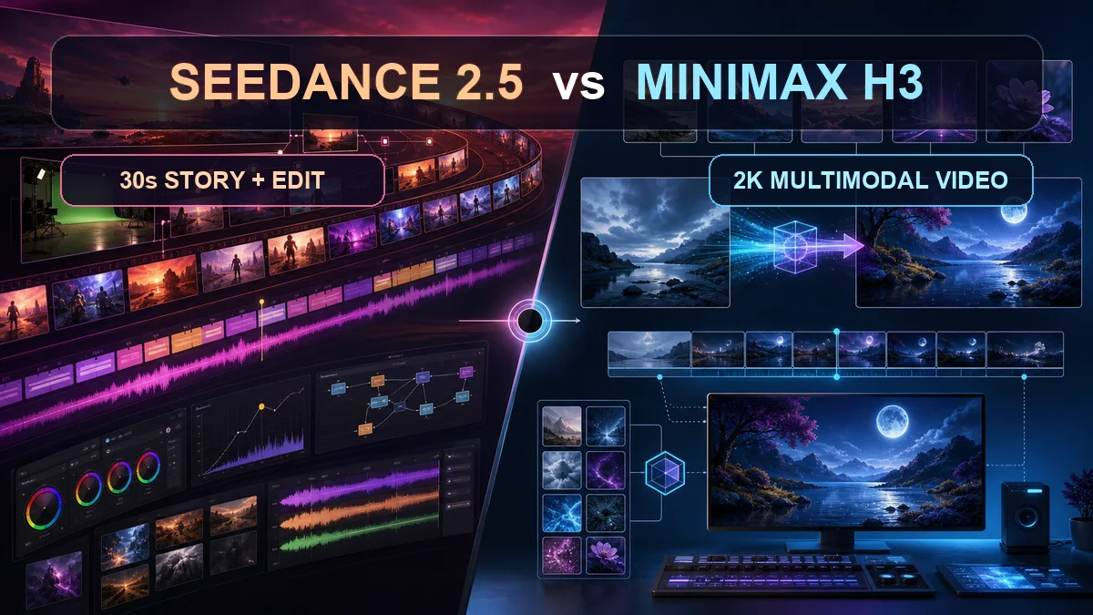 Split comparison cover titled Seedance 2.5 vs MiniMax H3, contrasting 30-second story editing with 2K multimodal video generation