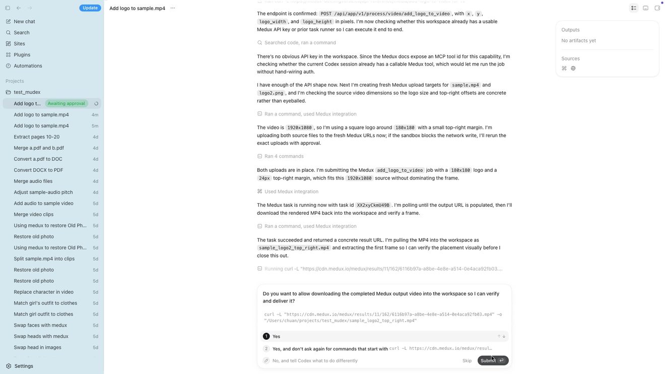 Approval prompt for downloading the Medux output video