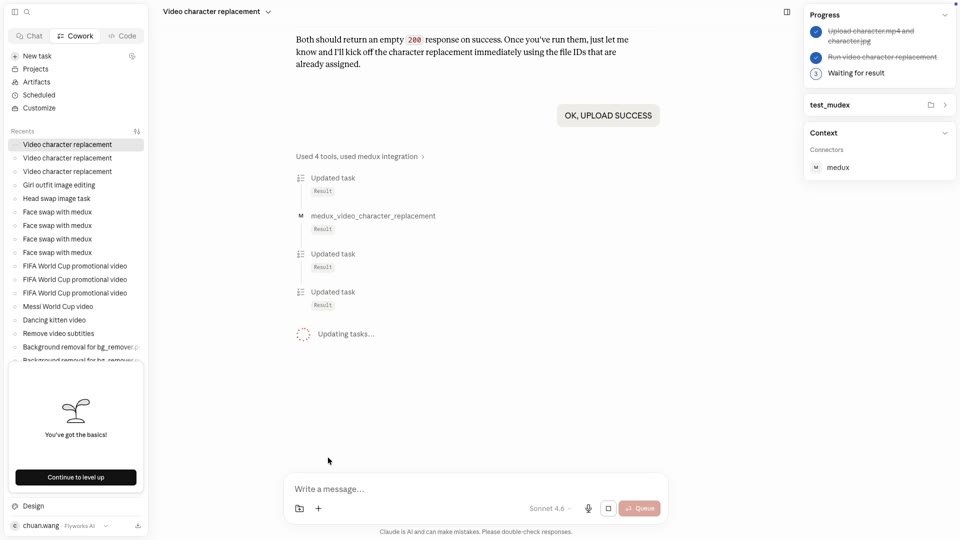 Claude calling the Medux video character replacement tool