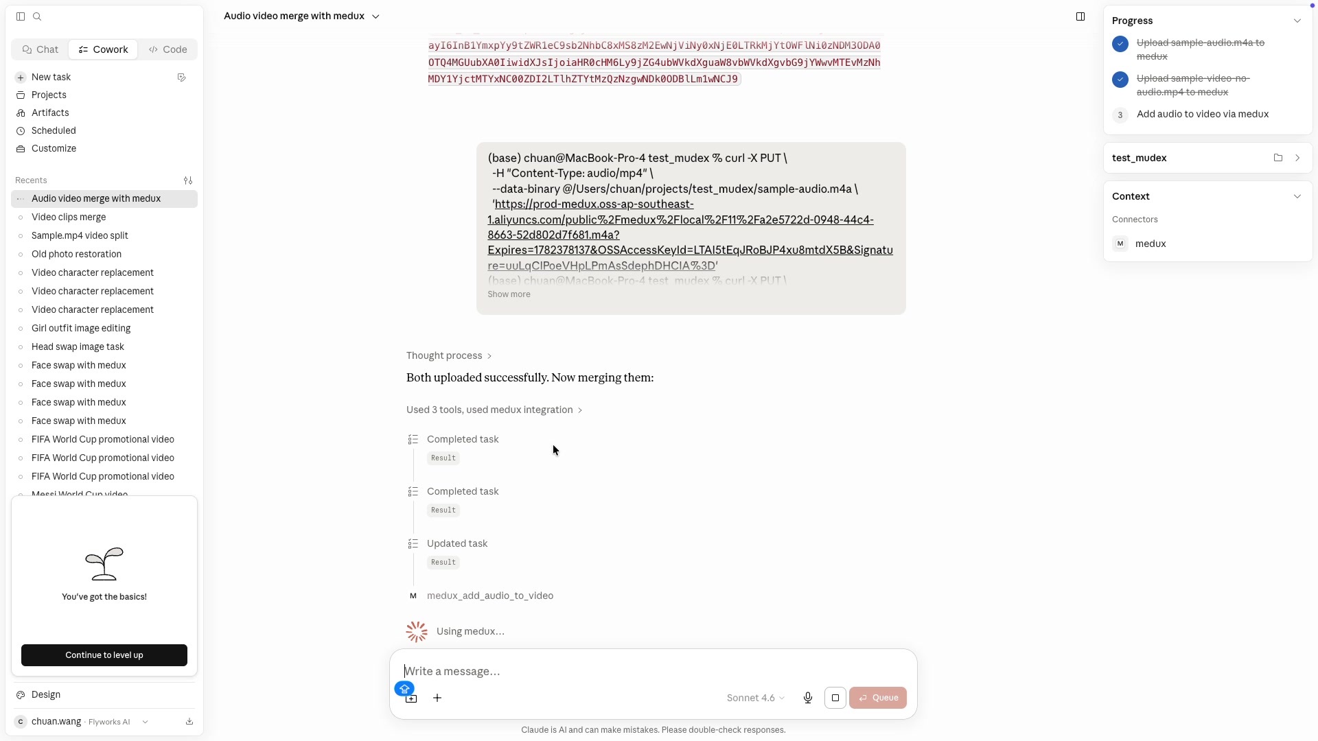 Claude calls the Medux add audio to video tool