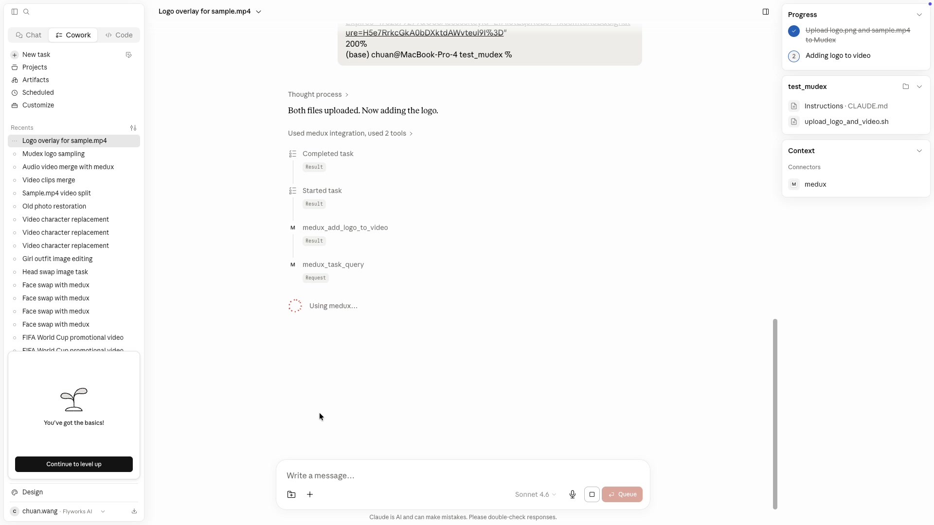 Claude checking the Medux task status