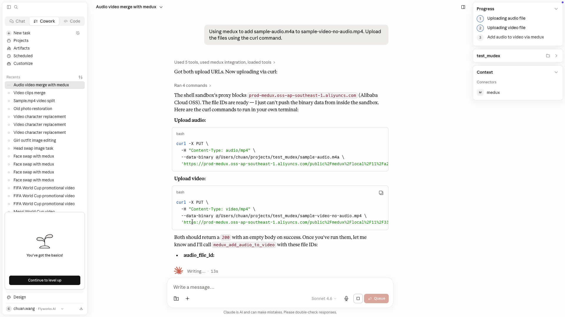 Claude displays curl commands for uploading audio and video
