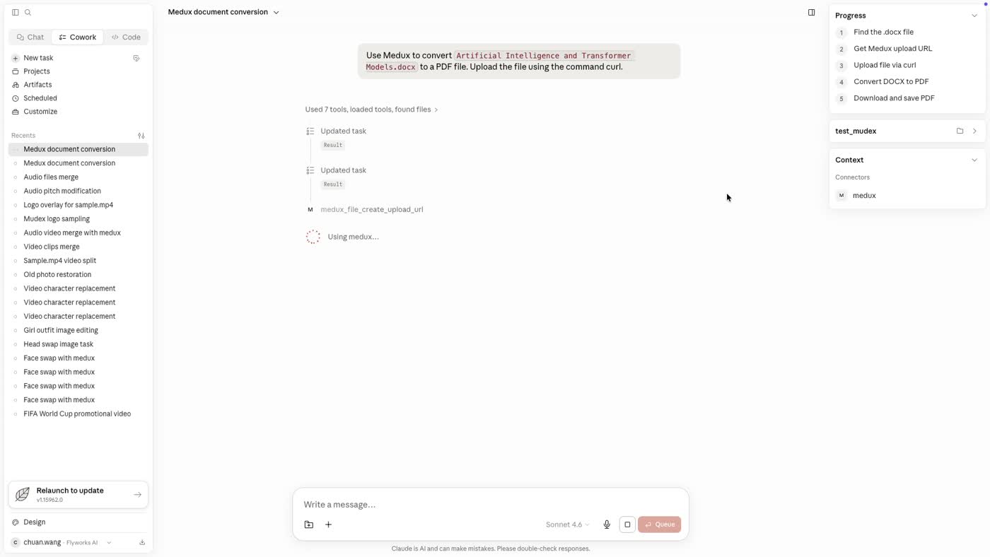 Claude plans the Medux upload and conversion steps.
