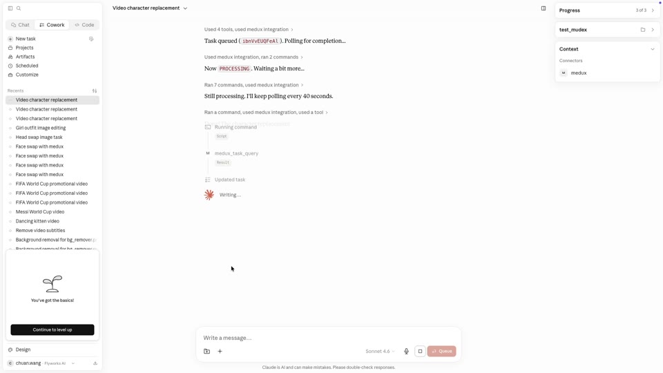 Claude polling the Medux task status