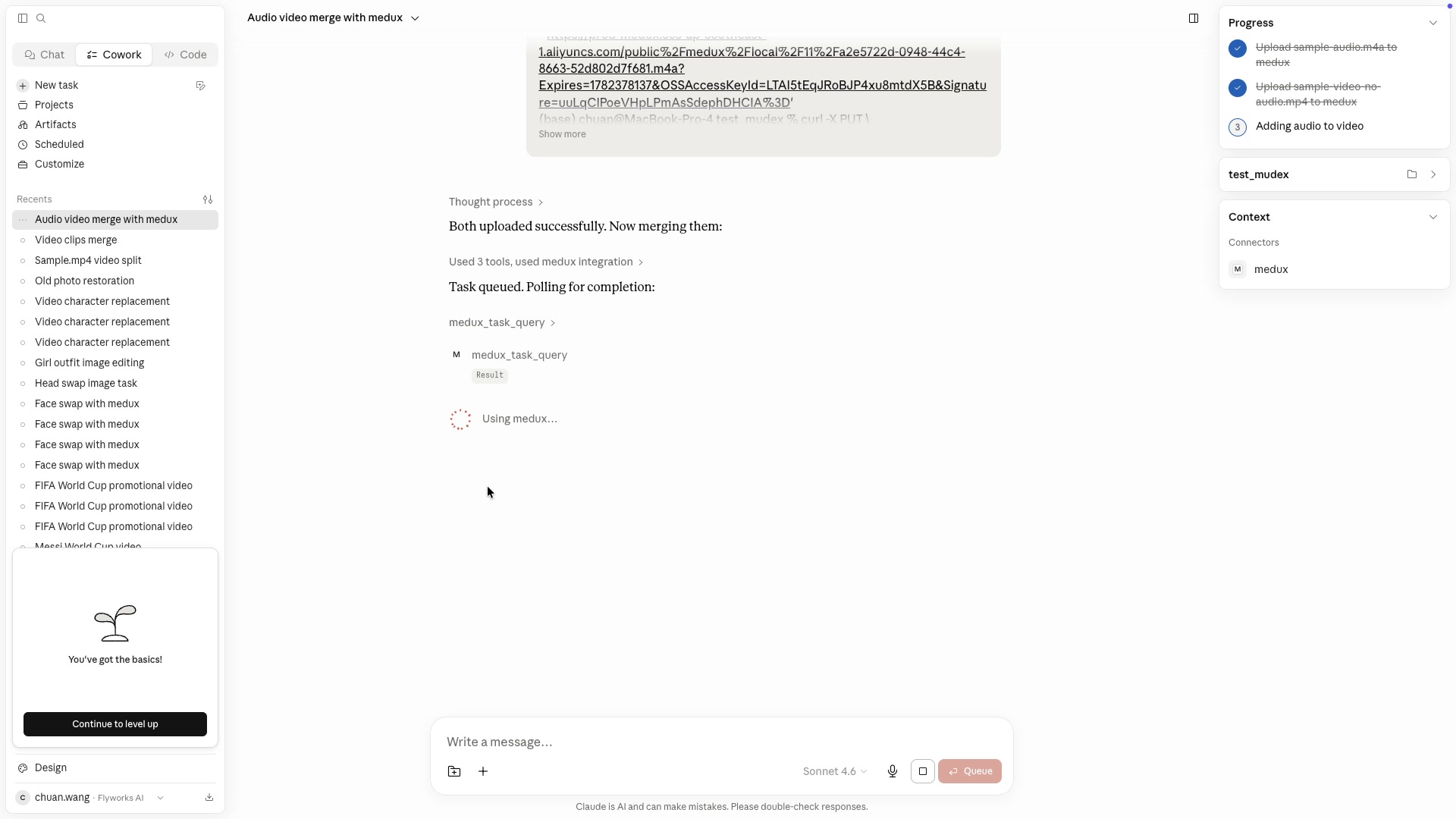 Claude polls the Medux task