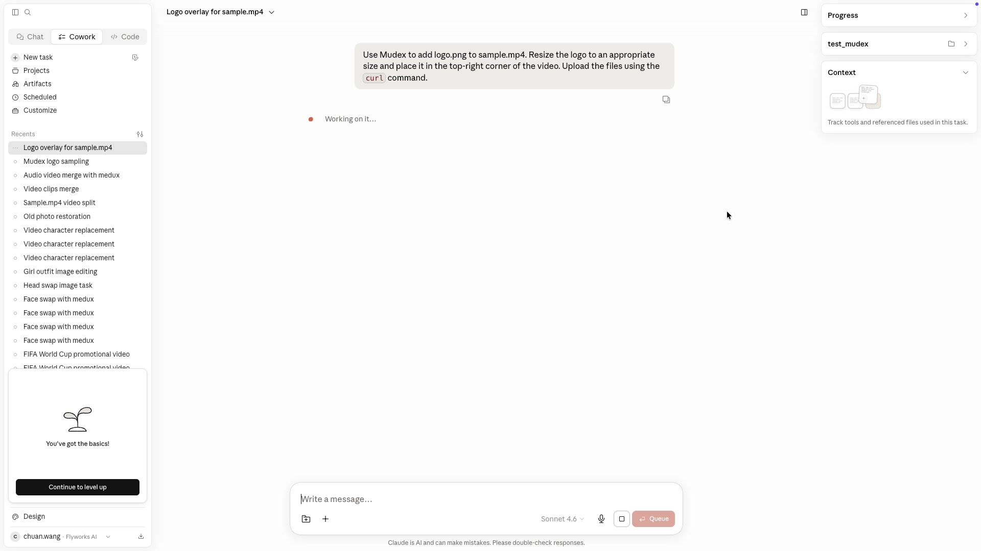 Claude prompt requesting a logo overlay through Medux