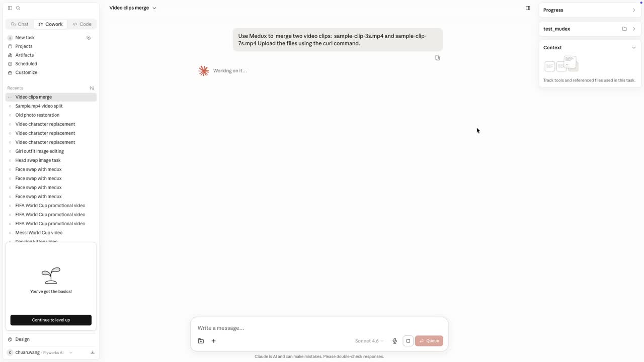 Claude receives a request to merge two MP4 clips with Medux