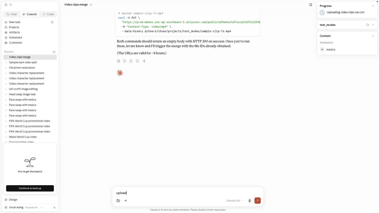 Claude starts the Medux video merge task