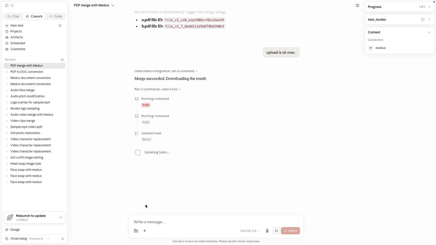 Claude starts the merge and downloads the result after the upload is confirmed.