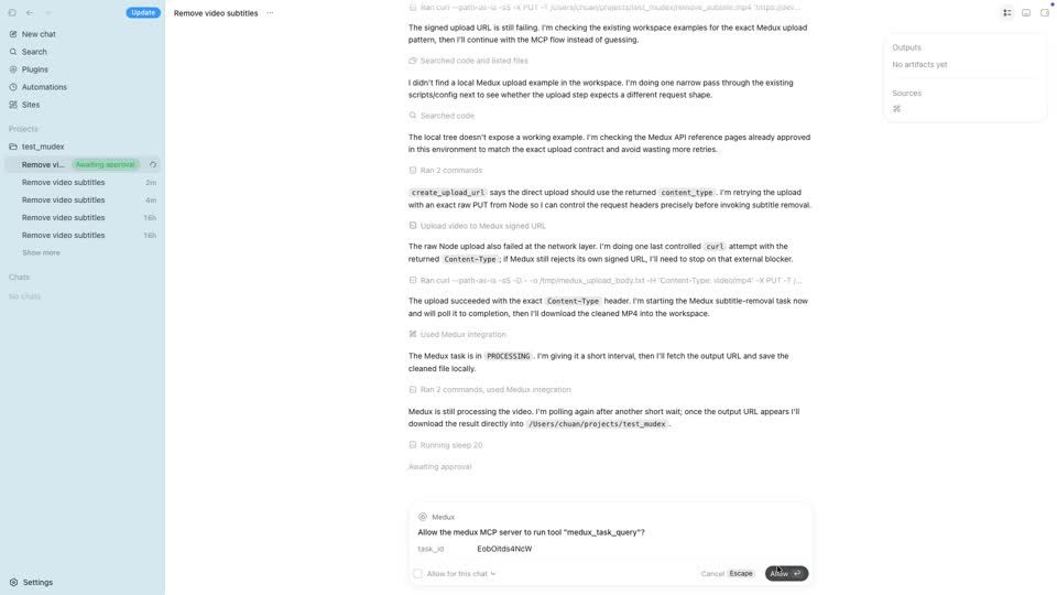 Codex asking for approval to query the Medux task