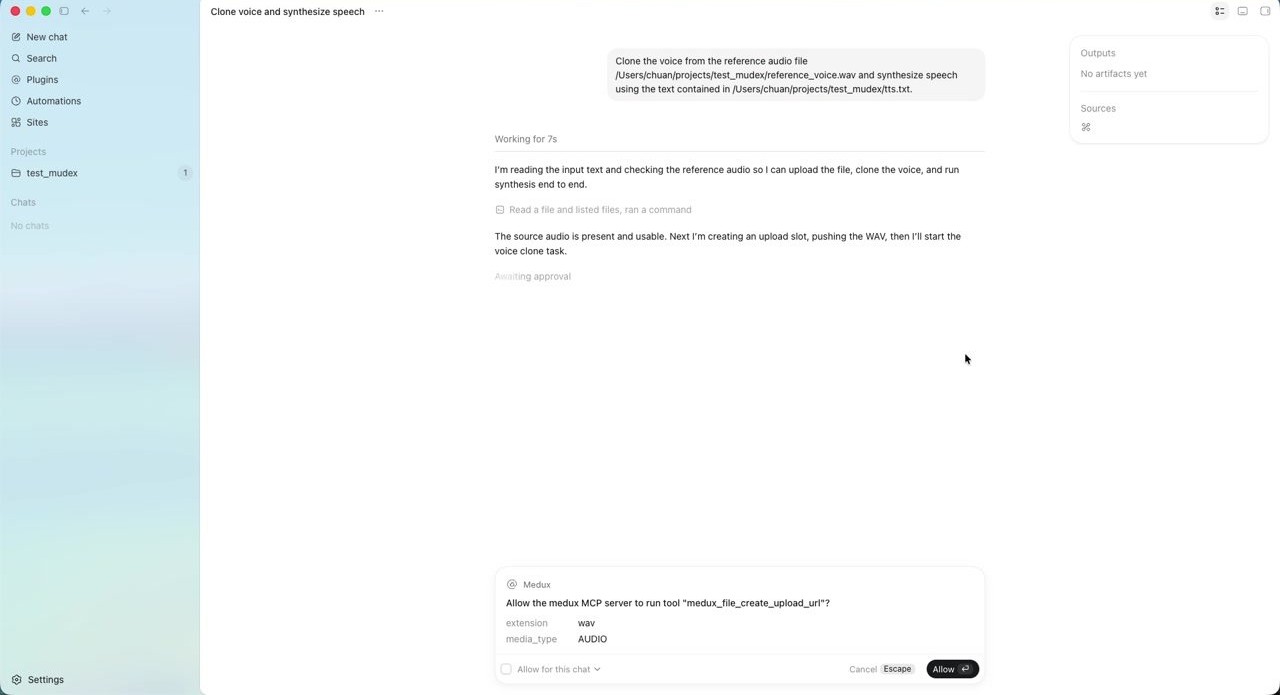 Codex asks for approval to call the Medux upload tool