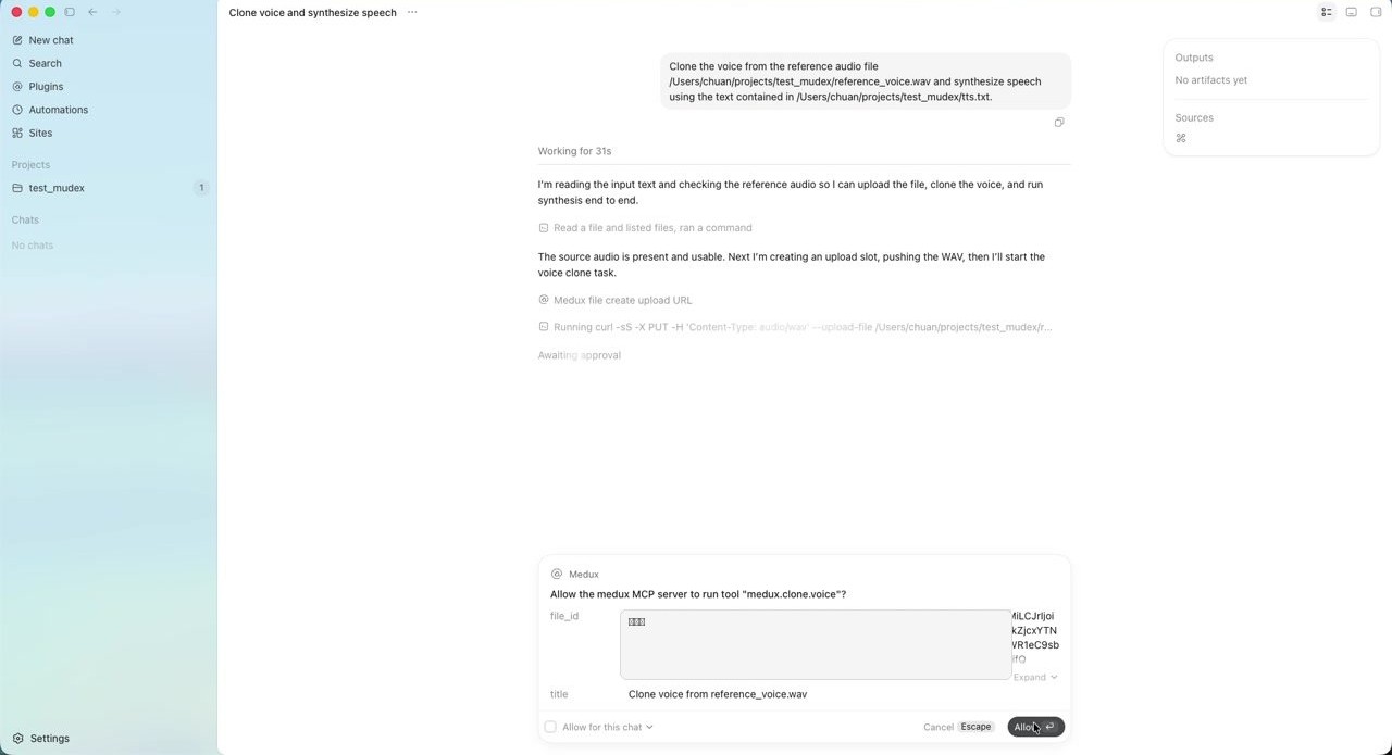 Codex calls Medux to create a voice cloning task