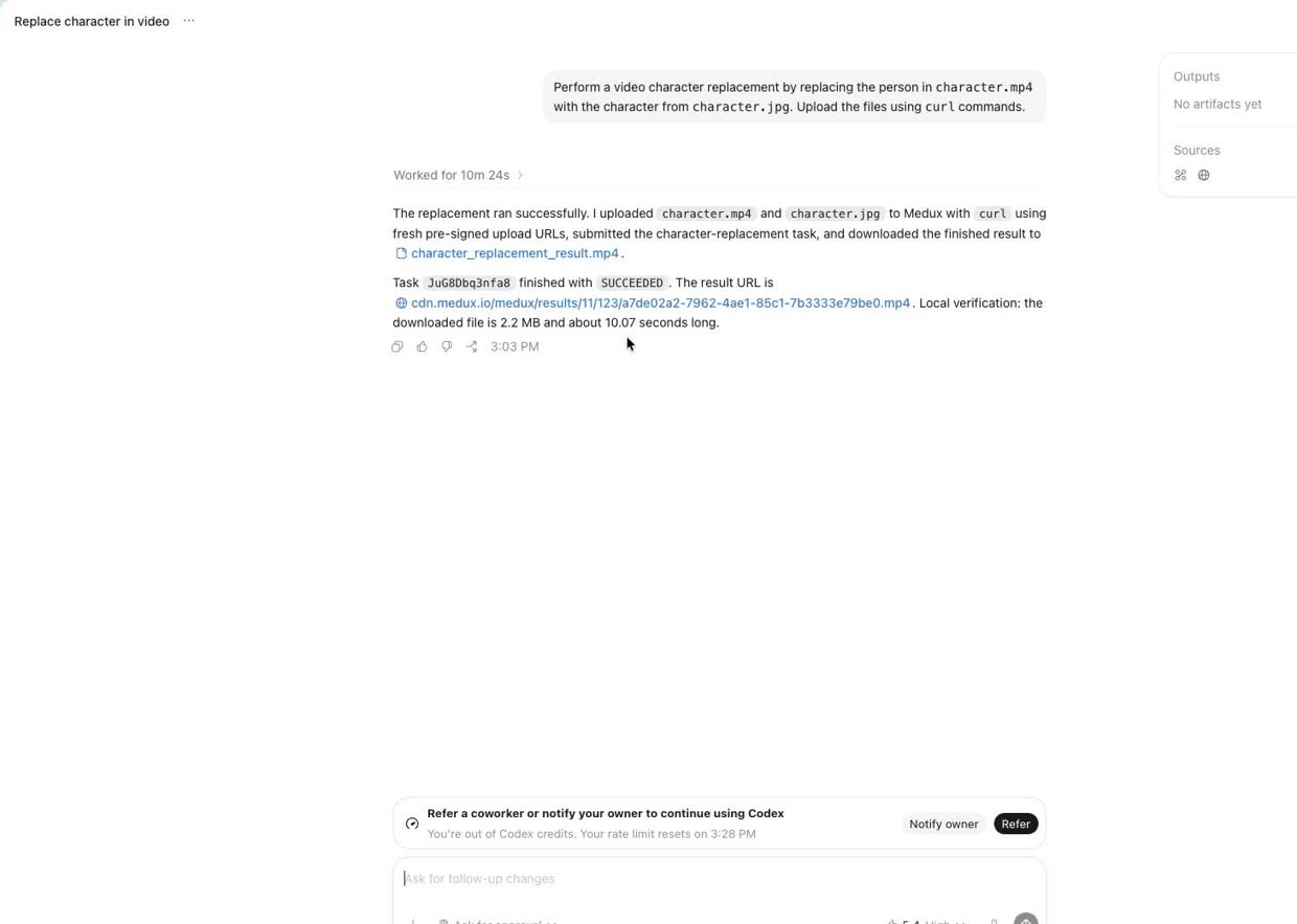 Codex downloads the successful Medux character replacement output